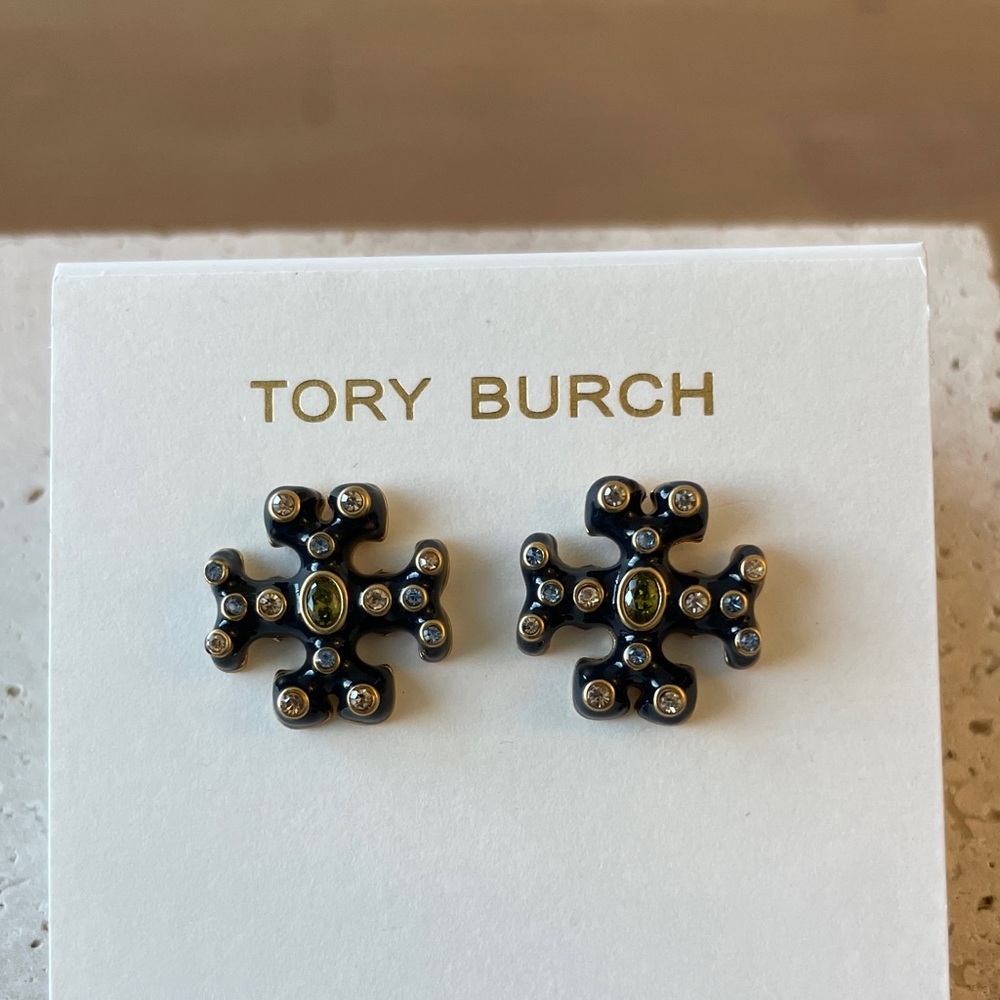 Tory Burch Black and Gold Cross Stud Earrings